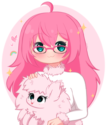 Size: 2376x2760 | Tagged: safe, artist:kittyrosie, derpibooru import, oc, oc:fluffle puff, human, pony, :3, :p, abstract background, clothes, cute, duo, flufflebetes, glasses, heart, human ponidox, mlem, ocbetes, self paradox, self ponidox, silly, sparkles, sweater, tongue, tongue out