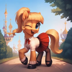 Size: 2048x2048 | Tagged: safe, ai content, derpibooru import, generator:pony diffusion v6 xl, generator:stable diffusion, machine learning generated, oc, oc only, earth pony, pony, blouse, bush, canterlot, clothes, female, hoof shoes, looking at you, mare, one eye closed, open mouth, open smile, outdoors, pantyhose, path, ponytail, prompter:siber, raised hoof, raised leg, skirt, sky, smiling, solo, tree, walking, wink, winking at you