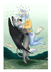 Size: 2480x3508 | Tagged: safe, artist:kumkwatek, derpibooru import, oc, oc only, oc:devilvoice, oc:merisa, anthro, bat pony, unicorn, bat pony oc, boop, clothes, cutie mark, ear piercing, glasses, horn, hug, noseboop, piercing, sweater, unicorn oc