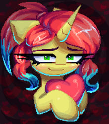 Size: 1014x1152 | Tagged: safe, artist:opal_radiance, derpibooru import, oc, oc only, oc:sunny chill, pony, unicorn, blushing, commission, heart, holiday, kofi, pixel art, solo, valentine's day, your character here