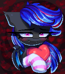 Size: 1014x1152 | Tagged: safe, artist:opal_radiance, derpibooru import, oc, oc only, oc:ebony rose, bat pony, bat pony oc, blushing, clothes, commission, heart, pixel art, socks, solo, striped socks, your character here