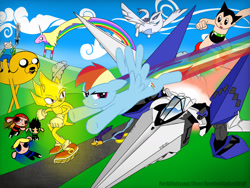 Size: 1600x1200 | Tagged: safe, artist:envythisroadrunner, derpibooru import, rainbow dash, bird, pegasus, pony, g4, adventure time, arwing, astro boy, crossover, finn the human, jake the dog, lady rainicorn, legendary pokémon, looney tunes, lugia, pokémon, race, rainbow trail, roadrunner, sonic the hedgehog (series), star fox, super sonic, the powerpuff girls, the rowdyruff boys