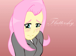 Size: 550x400 | Tagged: safe, artist:envythisroadrunner, derpibooru import, fluttershy, butterfly, human, g4, animated, blushing, bust, female, gradient background, humanized, pony coloring, shy, solo