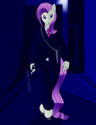 Size: 2180x2820 | Tagged: safe, artist:envythisroadrunner, derpibooru import, fluttershy, anthro, unguligrade anthro, g4, assassin, clothes, female, gun, handgun, high res, night, pistol, sketch, solo, suit, unshorn fetlocks, walking, weapon