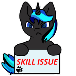 Size: 1000x1000 | Tagged: safe, alternate version, artist:eminol, derpibooru import, oc, oc only, oc:source code, pony, unicorn, angry, female, glare, horn, looking at you, mare, sign, simple background, skill issue, solo, transparent background, unicorn oc