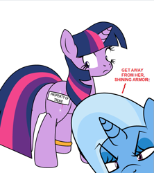 Size: 599x676 | Tagged: safe, artist:dekomaru, derpibooru import, trixie, twilight sparkle, pony, unicorn, g4, ask, butt, female, implied incest, implied infidelity, implied shining armor, implied shiningsparkle, implied shipping, implied straight, jealous, lesbian, plot, possessive, shipping, simple background, tumblr, tumblr:ask twixie, twixie, white background