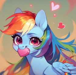 Size: 926x922 | Tagged: safe, ai content, derpibooru import, generator:purplesmart.ai, generator:stable diffusion, machine learning assisted, machine learning generated, rainbow dash, pegasus, pony, g4, blushing, happy, heart, hearts and hooves day, long hair, long mane, looking at you, multicolored hair, pink eyes, present, prompter:saltyvity, rainbow hair, smiley face, smiling, smiling at you, solo