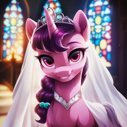Size: 1024x1024 | Tagged: safe, ai content, derpibooru import, generator:purplesmart.ai, generator:stable diffusion, machine learning generated, sugar belle, pony, unicorn, g4, church, clothes, dress, jewelry, looking at you, prompter:maresforever, smiling, solo, tiara, veil, wedding dress, wedding veil
