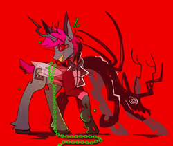 Size: 1900x1600 | Tagged: safe, artist:murl_qnt, derpibooru import, changeling, changepony, deer, deer pony, demon, demon pony, hybrid, original species, pony, undead, wendigo, spoiler:hazbin hotel, alastor, antlers, chains, clothes, dad beat dad, deer demon, deer pony demon, deer tail, hazbin hotel, hellaverse, horn, male, overlord demon, ponified, red background, sharp teeth, simple background, sinner demon, solo, species swap, spoilers for another series, stallion, tail, teeth, wendigo pony, wings