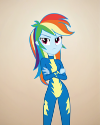 Size: 824x1024 | Tagged: source needed, safe, ai content, derpibooru import, generator:pony diffusion v6 xl, generator:stable diffusion, machine learning generated, rainbow dash, human, equestria girls, g4, clothes, crossed arms, eyebrows, female, frown, gradient background, looking away, prompter needed, raised eyebrow, serious, serious face, show accurate, solo, standing, unamused, uniform, wonderbolts uniform