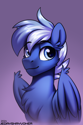 Size: 2000x3000 | Tagged: safe, artist:jedayskayvoker, derpibooru import, oc, oc:blue shift, pegasus, pony, bust, chest fluff, cute, ear fluff, ears, folded wings, gradient background, icon, looking at you, male, patreon, patreon reward, pegasus oc, portrait, smiling, solo, stallion, wing fluff, wings