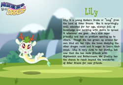 Size: 1600x1116 | Tagged: safe, artist:aleximusprime, derpibooru import, oc, oc only, oc:lily the dragon, dragon, fanfic:my little sister is a dragon, fanfic:my little sister is a dragon: ester dracos, antlers, baby, baby dragon, bio, dragon oc, dragoness, eastern dragon, fangs, female, flying, hands on cheeks, non-pony oc, solo, text