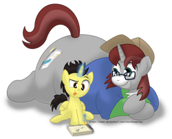 Size: 1600x1290 | Tagged: safe, artist:aleximusprime, derpibooru import, oc, oc only, oc:khaki-cap, oc:paper butt, oc:paper cap, oc:tommy the human, alicorn, pony, unicorn, :p, alicorn oc, cap, colt, commission, commissioner:bigonionbean, drawing, duo, duo male, fat, foal, fusion, glasses, hat, horn, lying down, magic, male, pencil, prone, simple background, smiling, stallion, telekinesis, tongue, tongue out, transparent background, unicorn oc, wings