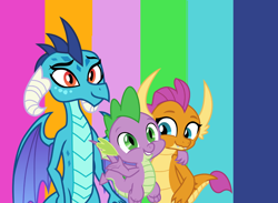 Size: 2468x1804 | Tagged: safe, artist:detailedatream1991, derpibooru import, princess ember, smolder, spike, dragon, g4, arm around neck, dragon trio, dragoness, female, high res, male, striped background, trio, winged spike, wings