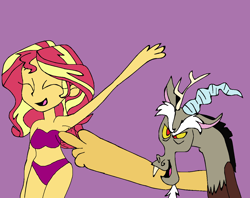 Size: 1280x1012 | Tagged: safe, artist:mojo1985, derpibooru import, discord, sunset shimmer, draconequus, human, equestria girls, g4, armpit tickling, armpits, arms in the air, bare shoulders, bikini, clothes, eyes closed, humanized, laughing, simple background, swimsuit, tickling