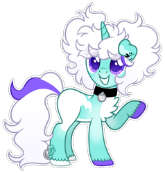 Size: 1485x1557 | Tagged: safe, artist:dreamybae, artist:sleepy_princee, derpibooru import, oc, oc only, oc:pupcup, pony, unicorn, base used, chest fluff, collar, colored eartips, colored hooves, colored pupils, dog ears, ear piercing, earring, ears, eye clipping through hair, facial markings, female, female oc, floppy ears, grin, hooves, horn, jewelry, long tail, mare, mare oc, mismatched hooves, multicolored hooves, pale belly, piercing, pigtails, purple eyes, raised hoof, raised leg, simple background, smiling, solo, standing, tail, transparent background, unicorn oc, unshorn fetlocks