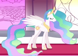 Size: 1511x1080 | Tagged: safe, derpibooru import, princess celestia, alicorn, pony, g4, the crystal empire, canterlot castle, carpet, concave belly, crown, ethereal mane, ethereal tail, eyes closed, female, gradient mane, gradient tail, hoof shoes, horn, indoors, jewelry, long horn, long mane, long tail, mare, partially open wings, peytral, princess shoes, red carpet, regalia, side view, slender, solo, sparkly mane, sparkly tail, standing, tail, tall, thin, wings