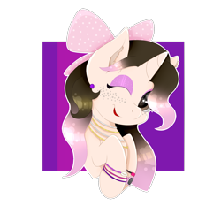 Size: 1600x1600 | Tagged: safe, artist:kathepart, derpibooru import, oc, oc only, oc:kinna-ca, unicorn, bracelet, collar, ear piercing, earring, freckles, hair bun, jewelry, looking at you, makeup, piercing, simple background, solo, transparent background