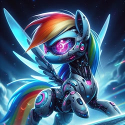Size: 1024x1024 | Tagged: safe, ai content, derpibooru import, generator:dall-e 3, machine learning generated, rainbow dash, pony, robot, robot pony, g4, prompter needed, rainbot dash, roboticization, solo