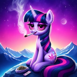 Size: 1024x1024 | Tagged: safe, ai content, derpibooru import, machine learning generated, twilight sparkle, pony, unicorn, g4, drugs, female, high, highlight sparkle, joint, mare, marijuana, prompter needed, sitting, solo, stoned