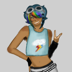 Size: 1000x1000 | Tagged: safe, artist:sunnymartinez, derpibooru import, rainbow dash, human, g4, alternate hairstyle, armpit hair, belly button, belly piercing, belt, clothes, dark skin, eyebrow piercing, female, goggles, goggles on head, gray background, grin, humanized, lip piercing, midriff, pants, peace sign, piercing, simple background, smiling, snake bites, solo, tanktop