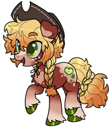 Size: 1428x1631 | Tagged: safe, artist:battiegutz, derpibooru import, part of a set, applejack, earth pony, pony, g4, alternate color palette, alternate design, alternate hair color, alternate hairstyle, alternate tailstyle, applejack's hat, blaze (coat marking), blonde, blonde mane, blonde tail, braid, braided ponytail, chest fluff, clothes, coat markings, colored eartips, colored eyebrows, colored hooves, colored sclera, cowboy hat, dappled, ears, eye clipping through hair, eyebrows, eyebrows visible through hair, facial markings, female, floppy ears, freckles, gradient mane, gradient tail, green eyes, hat, mare, mealy mouth (coat marking), open mouth, open smile, ponytail, raised hooves, red coat, redesign, shiny hoof, simple background, smiling, socks (coat marking), solo, standing, tail, two toned mane, two toned tail, white background, wingding eyes, yellow mane, yellow tail