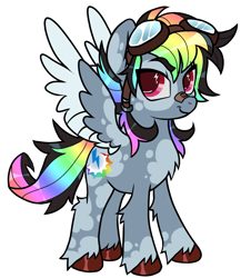 Size: 1313x1516 | Tagged: safe, artist:battiegutz, derpibooru import, part of a set, rainbow dash, pegasus, pony, g4, alternate color palette, alternate cutie mark, alternate design, alternate hair color, alternate hairstyle, alternate tailstyle, bandaid, bandaid on nose, blue coat, chest fluff, coat markings, colored eyebrows, colored hooves, colored wings, colored wingtips, cutie mark eyes, dappled, eye clipping through hair, eyebrows, eyebrows visible through hair, facial markings, female, goggles, goggles on head, leg fluff, looking at you, mare, messy mane, messy tail, multicolored hair, multicolored mane, multicolored tail, pink eyes, rainbow hair, rainbow tail, redesign, shiny hoof, shiny mane, shiny tail, simple background, smiling, smiling at you, splotches, spread wings, standing, tail, two toned wings, unshorn fetlocks, white background, wingding eyes, wings
