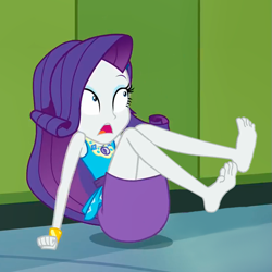 Size: 721x720 | Tagged: safe, artist:paco777yuyu, derpibooru import, edit, edited screencap, screencap, rarity, human, best trends forever, better together, equestria girls, g4, arms, barefoot, bracelet, breasts, bust, canterlot high, clothes, cropped, dress, eyelashes, feet, female, fingers, gasp, hand, jewelry, leaning, leaning back, lockers, long hair, makeup, missing accessory, open mouth, rarity peplum dress, shocked, shrunken pupils, sitting, skirt, sleeveless, soles, teenager, teeth, wide eyes