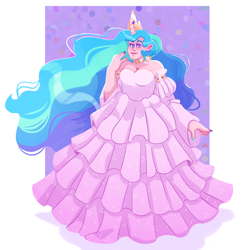 Size: 2048x2044 | Tagged: safe, artist:irisikiki, derpibooru import, princess celestia, human, g4, bare shoulders, breasts, choker, cleavage, clothes, dress, ear piercing, earring, female, gown, high res, horn, horned humanization, humanized, jewelry, light skin, looking at you, passepartout, piercing, princess breastia, simple background, smiling, smiling at you, solo, white background