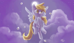 Size: 3501x2028 | Tagged: safe, artist:iamthecowboysmuggler, derpibooru import, derpy hooves, pegasus, pony, g4, bubble, cloud, female, flying, high res, mare, moon, solo