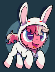 Size: 2334x3075 | Tagged: safe, artist:catachromatic, derpibooru import, earth pony, pony, g2, abstract background, animal costume, bunny costume, circle background, clothes, costume, female, honey (g2), hood, mare, onesie, open mouth, open smile, smiling, solo, zipper