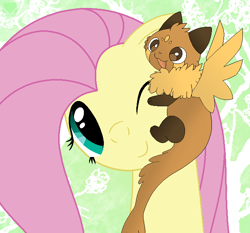 Size: 662x616 | Tagged: safe, artist:kennikitty, artist:latiken, derpibooru import, fluttershy, oc, oc:vivi, pegasus, pony, collaboration, g4, duo, facehug, female, gift art, mare, non-mlp oc, one eye closed, size difference, smiling