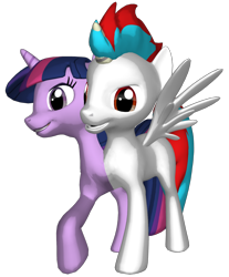Size: 1206x1459 | Tagged: safe, derpibooru import, twilight sparkle, oc, oc:solar eclipse, alicorn, pony, 3d, blue mane, conjoined, cyan mane, female, light skin, looking to side, looking to the left, male, mare, not zipp storm, one leg raised, open mouth, png, purple eyes, purple skin, red eyes, simple background, smiling, spread wings, transparent background, wings