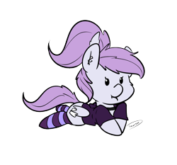 Size: 732x683 | Tagged: safe, artist:taurson, derpibooru import, oc, oc only, oc:hawrs, bat pony, chibi, clothes, gray coat, hoodie, lying down, purple hair, simple background, socks, solo, striped socks, transparent background