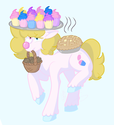 Size: 2024x2223 | Tagged: safe, artist:laughingfranki, derpibooru import, oc, oc only, pony, art, basket, blue background, clown, cyan background, food, mouth hold, muffin, pie, simple background, solo