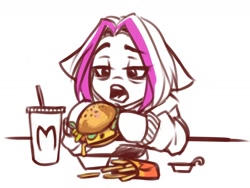 Size: 1600x1200 | Tagged: safe, artist:falafeljake, derpibooru import, oc, oc only, oc:lazzy butt, pony, burger, depressed, drink, eating, exhausted, food, french fries, hamburger, mcdonald's, solo