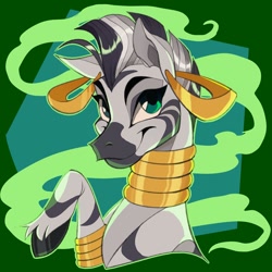 Size: 1000x1000 | Tagged: safe, artist:southpauz, derpibooru import, zecora, zebra, g4, ear piercing, earring, female, gold, green smoke, jewelry, magic, neck rings, piercing, smiling, solo