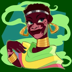 Size: 1000x1000 | Tagged: safe, artist:southpauz, derpibooru import, zecora, human, zebra, african, blanket, dark skin, ear piercing, earring, female, green smoke, humanized, jewelry, neck rings, nguba, piercing, solo, vitiligo