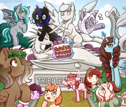 Size: 1300x1100 | Tagged: safe, artist:idleness_mallow, derpibooru import, oc, oc only, oc:13 nightmares, oc:anya cleverok, oc:moonlight lovec, oc:queen olga alnilam, oc:yuki lovec, alicorn, bat pony, earth pony, pegasus, unicorn, zebra, alicorn oc, bat pony oc, blush lines, blushing, cake, closed mouth, clothes, commission, cracks, earth pony oc, eyes open, female, foal, folded wings, food, grass, horn, magic, male, mare, open mouth, pegasus oc, scarf, spread wings, stallion, statue, sweater, telekinesis, tree, wings, zebra oc