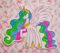 Size: 1600x1415 | Tagged: safe, artist:dariarchangel, derpibooru import, princess celestia, alicorn, butterfly, pony, g4, crown, female, horn, jewelry, mare, multicolored hair, patterned background, profile, rainbow hair, raised hoof, raised leg, regalia, smiling, solo, spread wings, standing, traditional art, wings