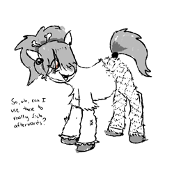 Size: 900x900 | Tagged: safe, artist:pony quarantine, derpibooru import, oc, oc only, oc:netty bones, earth pony, pony, dialogue, eye clipping through hair, female, fishnet stockings, grayscale, looking back, mare, monochrome, open mouth, open smile, partial color, smiling, snowpony (species), solo, taiga pony, yakutian horse