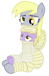 Size: 1400x2182 | Tagged: safe, artist:cardshark777, derpibooru import, derpy hooves, dinky hooves, oc, pegasus, pony, unicorn, bondage, digital art, female, filly, foal, helpless, horn, looking at each other, looking at someone, looking down, looking up, mare, mother and child, mother and daughter, mummification, mummified, mummy, parent and child, pegasus oc, simple background, sitting, sitting on lap, transparent background, wrapped up