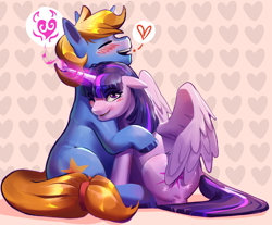 Size: 2298x1901 | Tagged: safe, artist:applephil, derpibooru import, twilight sparkle, twilight sparkle (alicorn), oc, alicorn, pony, unicorn, heart, horn, hug