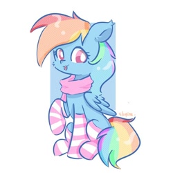 Size: 754x754 | Tagged: safe, artist:skylinepony_, derpibooru import, rainbow dash, pegasus, pony, g4, :p, cheek fluff, clothes, cute, dashabetes, female, folded wings, looking at you, mare, raised hoof, raised leg, scarf, signature, simple background, smiling, smiling at you, socks, solo, striped socks, tongue, tongue out, white background, wings