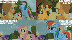 Size: 2000x1125 | Tagged: safe, derpibooru import, edit, edited screencap, editor:quoterific, screencap, amethyst star, applejack, blues, caramel, cloud kicker, daisy, flower wishes, fluttershy, gala appleby, goldengrape, meadow song, noteworthy, rainbow dash, sassaflash, sir colton vines iii, sparkler, g4, the super speedy cider squeezy 6000, apple, apple family member, apple tree, tree