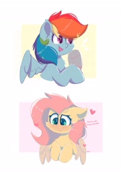 Size: 2896x4096 | Tagged: safe, artist:skylinepony_, derpibooru import, fluttershy, rainbow dash, pegasus, pony, g4, blushing, cheek fluff, chest fluff, cute, duo, duo female, ear fluff, ears, female, flutterdash, heart, heart eyes, high res, lesbian, looking down, mare, open mouth, open smile, partially open wings, raised hoof, raised leg, shipping, shy, signature, simple background, smiling, white background, wingding eyes, wings, wings down