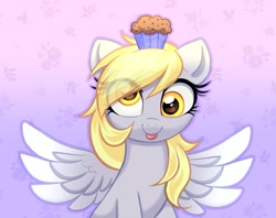 Size: 3123x2470 | Tagged: safe, artist:confetticakez, derpibooru import, derpy hooves, pegasus, pony, g4, :p, cute, derpabetes, eye clipping through hair, female, food, gradient background, high res, looking at you, mare, muffin, smiling, smiling at you, solo, spread wings, tongue, tongue out, wings