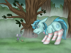 Size: 1664x1244 | Tagged: safe, artist:lil_vampirecj, derpibooru import, oc, oc only, oc:winter breeze, pony, unicorn, blue eyes, clothes, commission, digital art, flower, hair, horn, krita, male, mane, scene, snow, snowflake, socks, solo, stallion, striped socks, stuck, tree, tree branch