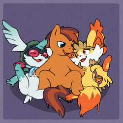 Size: 2400x2400 | Tagged: safe, alternate version, artist:argonvile, derpibooru import, oc, pony, bellyrubs, fennekin, high res, lying down, on back, open mouth, pokémon, shaymin, sky forme, smiling, trio