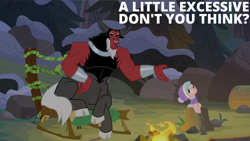 Size: 2000x1125 | Tagged: safe, derpibooru import, edit, edited screencap, editor:quoterific, screencap, cozy glow, lord tirek, frenemies (episode), campfire, forest, nature, tree, tree stump